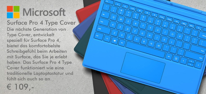 Microsoft Pro 4 Type Cover - Die nächste Generation von Type Cover, entwickelt speziell für Surface Pro 4, bietet das komfortabelste Schreibgefühl beim Arbeiten mit Surface, das Sie je erlebt haben. Das Surface Pro 4 Type Cover funktioniert wie eine traditionelle Laptoptastatur und fühlt sich auch so an. 109 Euro.